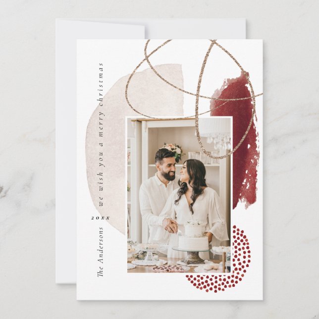Christmas Red Modern Geometric Photo Holiday Card (Front)