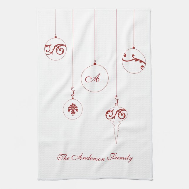 Christmas Red Monogram Bauble Family Name Kitchen Towel (Vertical)