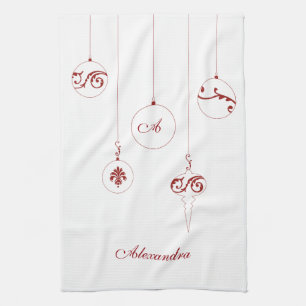 Christmas Red Monogram Bauble Ornaments Name Kitchen Towel
