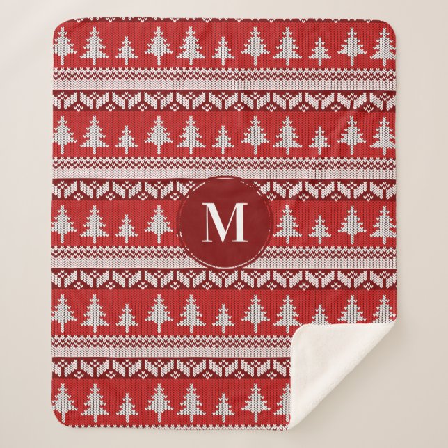 Christmas Red Nordic Fir Trees & White | Monogram Sherpa Blanket (Front)