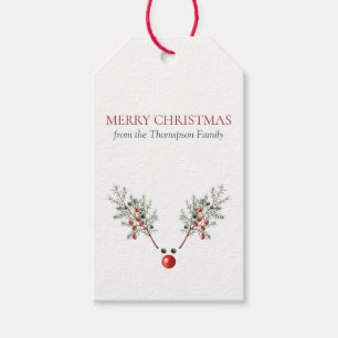 Christmas Red Nosed Reindeer Pine Berries Gift Tags