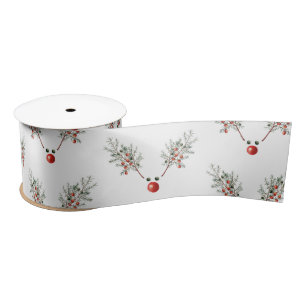 Christmas Red Nosed Reindeer Pine Berries Satin Ribbon