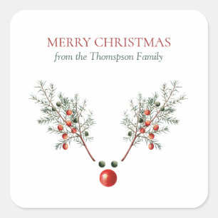 Christmas Red Nosed Reindeer Pine Berries   Square Sticker