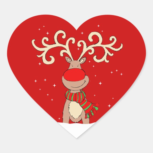 Christmas red-nosed reindeer red heart sticker (Front)