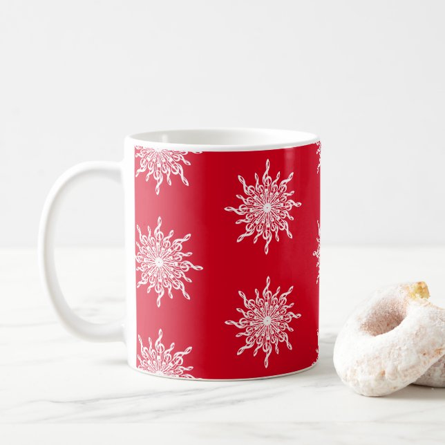 Christmas Red Ornamental G-Clef Snowflake Pattern Coffee Mug (With Donut)