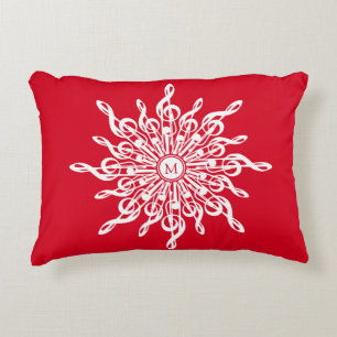 Christmas Red Ornamental Monogram G-Clef Snowflake Accent Pillow
