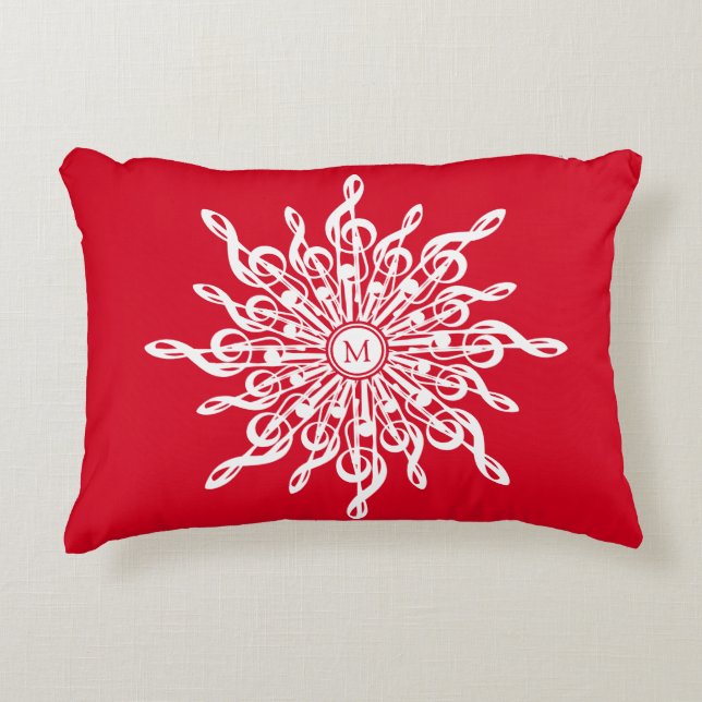 Christmas Red Ornamental Monogram G-Clef Snowflake Accent Pillow (Front)