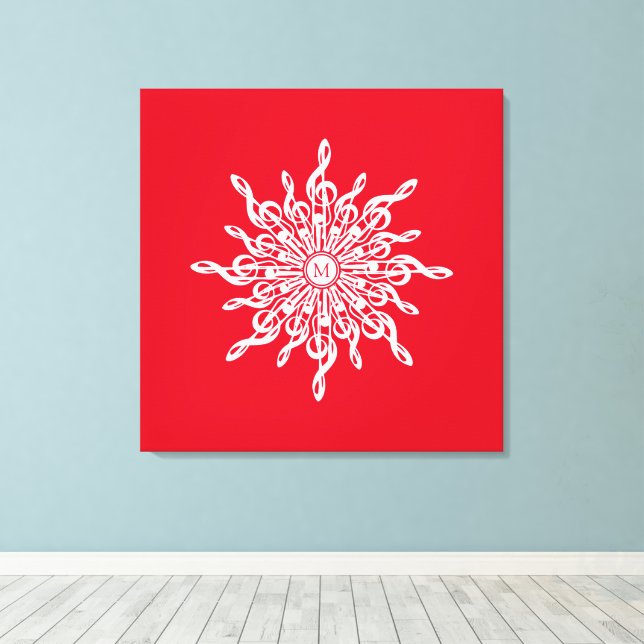 Christmas Red Ornamental Monogram G-Clef Snowflake Canvas Print (Insitu(Wood Floor))