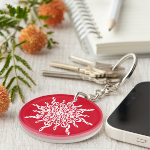 Christmas Red Ornamental Monogram G-Clef Snowflake Keychain