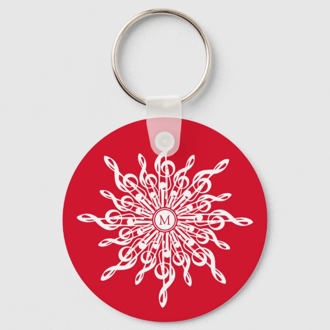 Christmas Red Ornamental Monogram G-Clef Snowflake Keychain (Front)