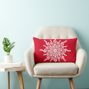 Christmas Red Ornamental Monogram G-Clef Snowflake Lumbar Pillow
