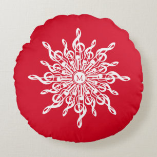 Christmas Red Ornamental Monogram G-Clef Snowflake Round Pillow