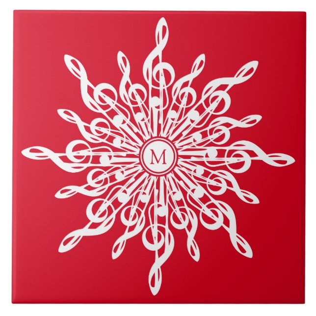 Christmas Red Ornamental Monogram G-Clef Snowflake Tile (Front)