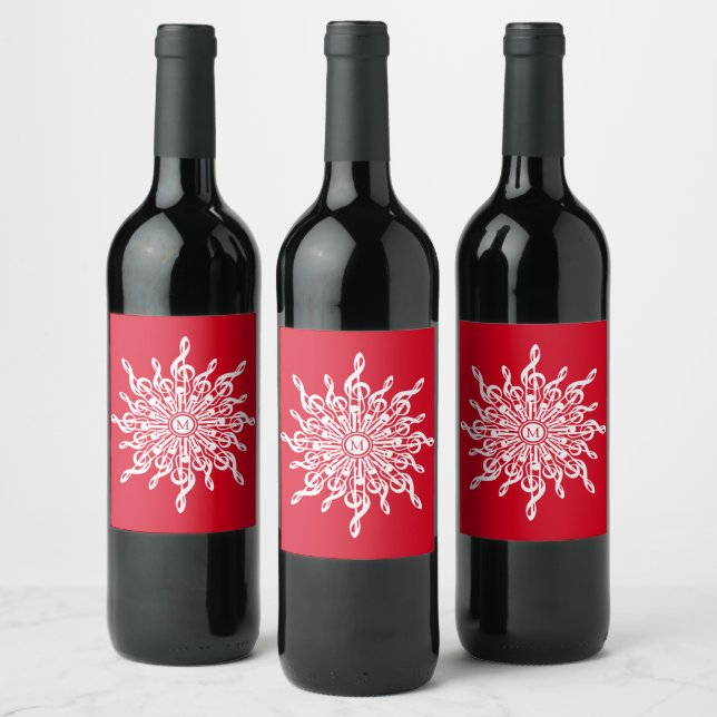 Christmas Red Ornamental Monogram G-Clef Snowflake Wine Label (Bottles)