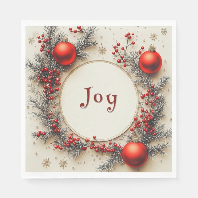 Christmas Red Ornaments Berries Snowflakes Napkin (Front)