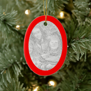 Christmas Red Oval Border Photo Ceramic Ornament