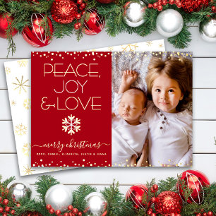 Christmas Red Peace Joy Love Photo Real Gold Foil Holiday Card
