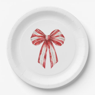 Christmas Red Peppermint White Bows Paper Plate