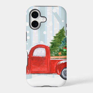 Christmas Red PickUp Truck on a Snowy Road