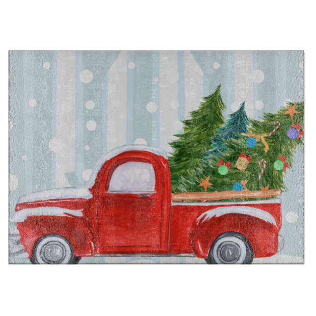 Christmas Red PickUp Truck on a Snowy Road Cutting Board (Front)