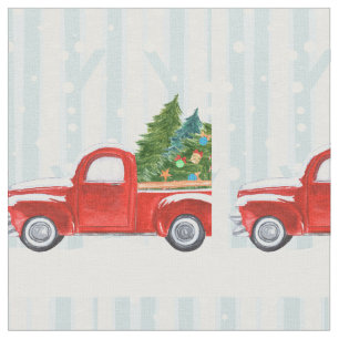 Christmas Red PickUp Truck on a Snowy Road Fabric