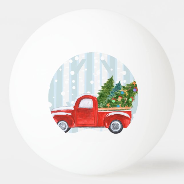 Christmas Red PickUp Truck on a Snowy Road Ping Pong Ball (Front)