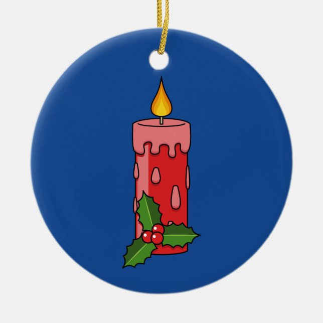 Christmas Red Pillar Candle with Holly Ceramic Ornament (Front)