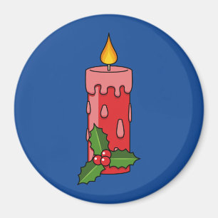 Christmas Red Pillar Candle with Holly Magnet