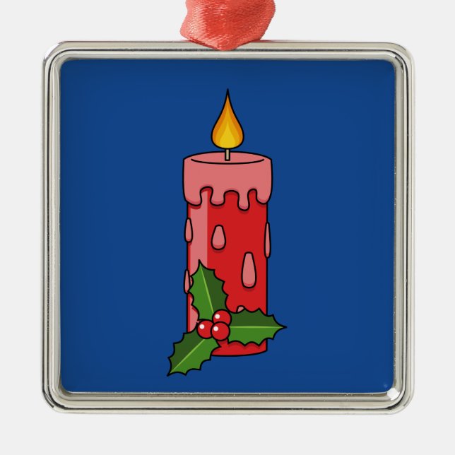 Christmas Red Pillar Candle with Holly Metal Ornament (Front)
