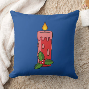 Christmas Red Pillar Candle with Holly Throw Pillow