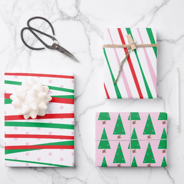 Christmas Red Pink Green Modern Stripes Wrapping Paper Sheet (Front)