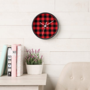 Christmas Red Plaid Design Pattern  Clock