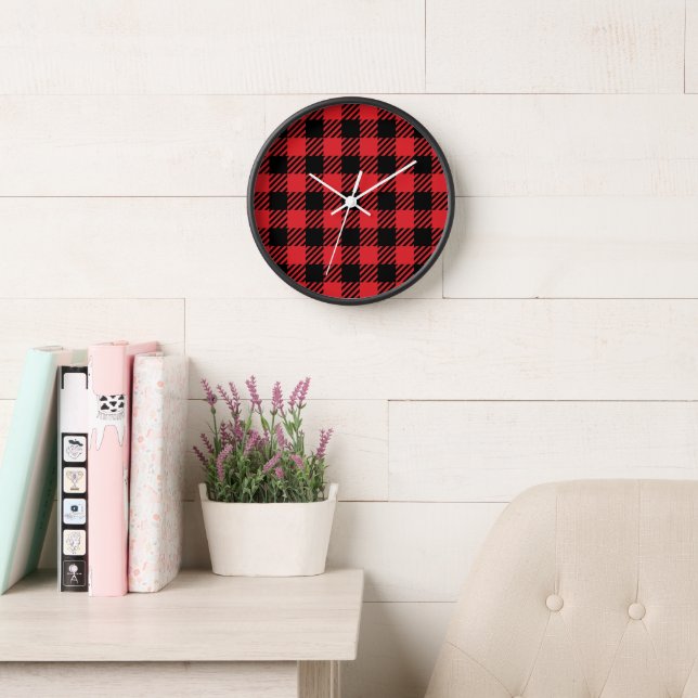 Christmas Red Plaid Design Pattern  Clock (Reading Room)
