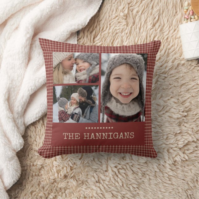 Christmas Red Plaid Family Photo Collage Throw Pillow (Blanket)
