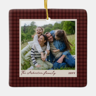 Christmas red plaid frame personalized photo ceramic ornament