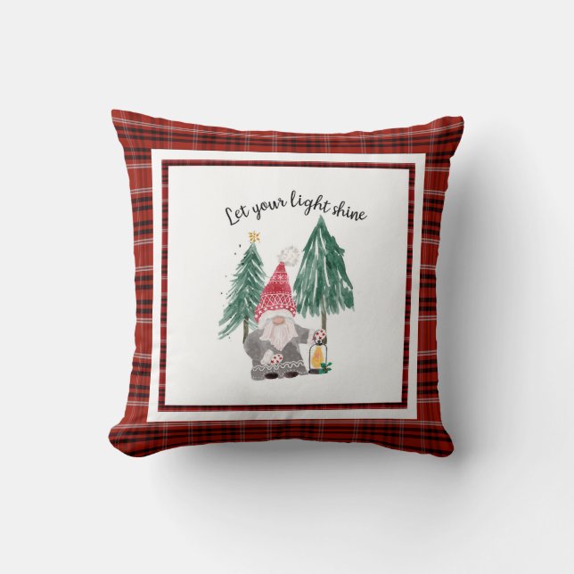 Christmas Red Plaid Gnome Lantern Light Shine Tree Throw Pillow (Front)