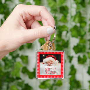 Christmas Red Plaid Holiday Diagonal Stripes Keychain