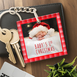 Christmas Red Plaid Holiday Diagonal Stripes Keychain