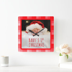 Christmas Red Plaid Holiday Diagonal Stripes Square Wall Clock