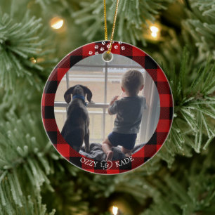 Christmas Red Plaid Personalized Child Pet Photo Ceramic Ornament