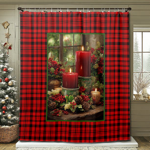 Christmas Red Plaid Red Candles Pine Cones