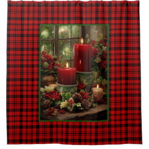 Christmas Red Plaid Red Candles Pine Cones