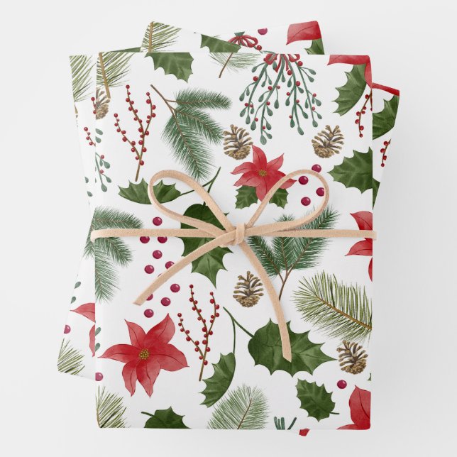 Christmas Red Poinsettia, Berries, Pine Branches  Wrapping Paper Sheet (In situ)