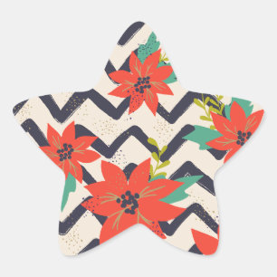 Christmas Red Poinsettia Black & White Chevron Star Sticker