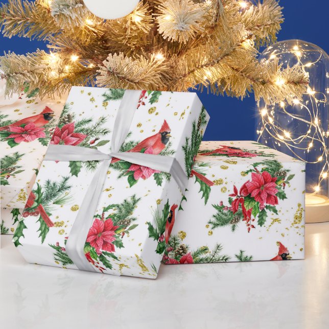 Christmas Red Poinsettia Cardinal Birds Wrapping Paper (Holidays)
