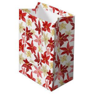 Christmas Red Poinsettia Floral Holiday Pattern   Medium Gift Bag