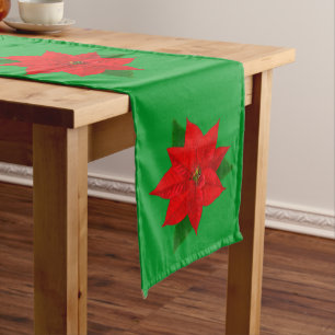 Christmas Red Poinsettia Flowers on Green Long Table Runner