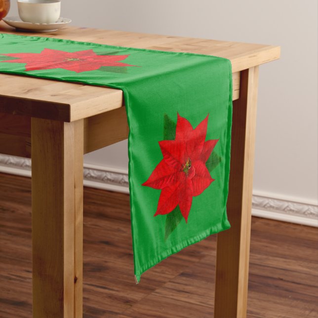 Christmas Red Poinsettia Flowers on Green Long Table Runner (In Situ)