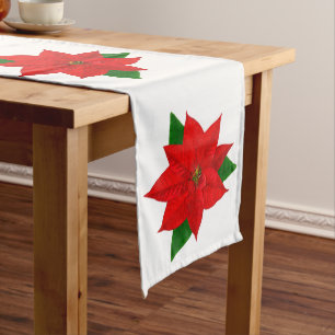 Christmas Red Poinsettia Flowers on White Long Table Runner