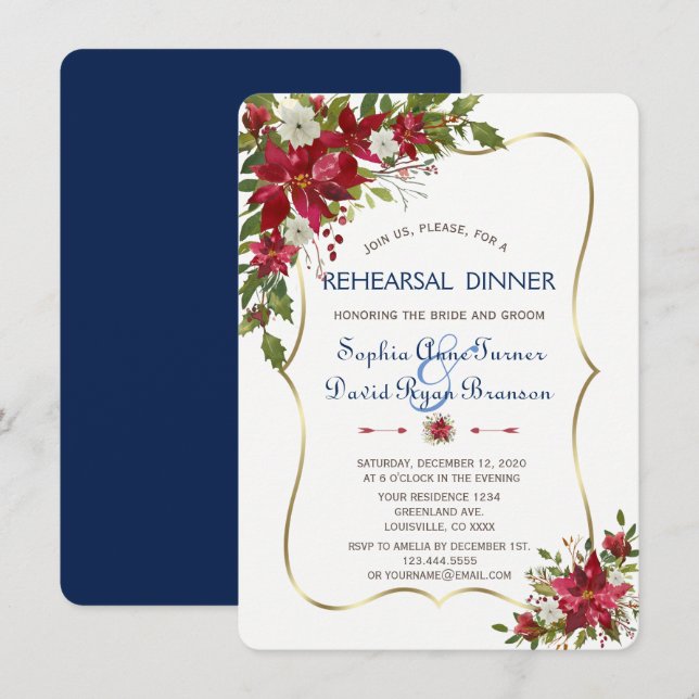 Christmas Red Poinsettia Gold Rehearsal Dinner Invitation (Front/Back)